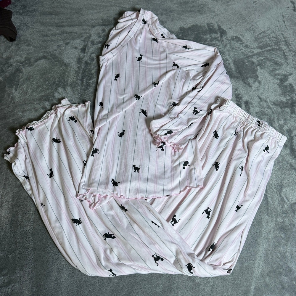 Studio 1886 Matching Pink Striped Black Cat Pant Pajama Set Plus 1X Lounge 2pc